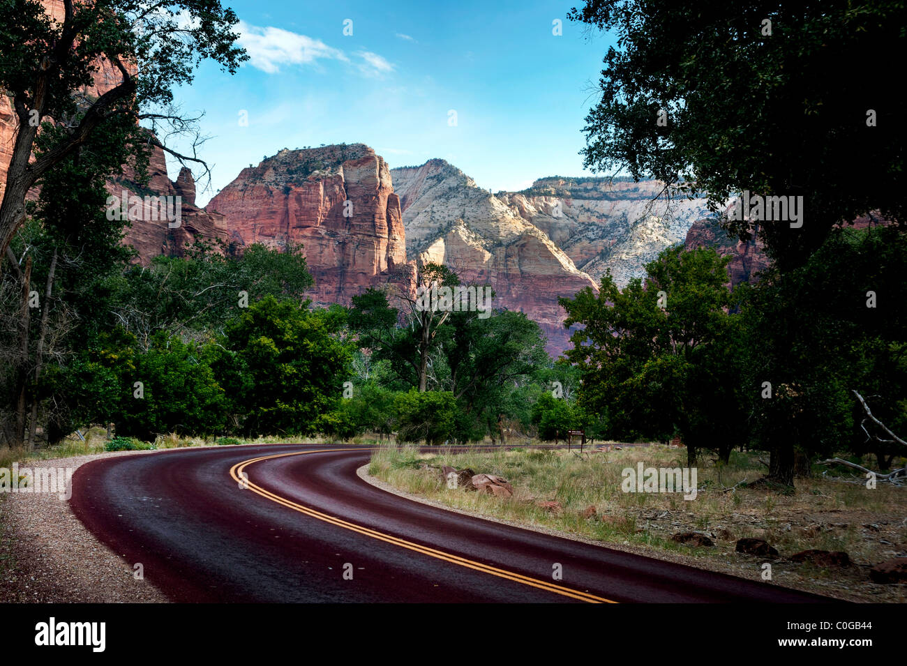 Red Rock road into Zion National Park, Utah. Stock Photo