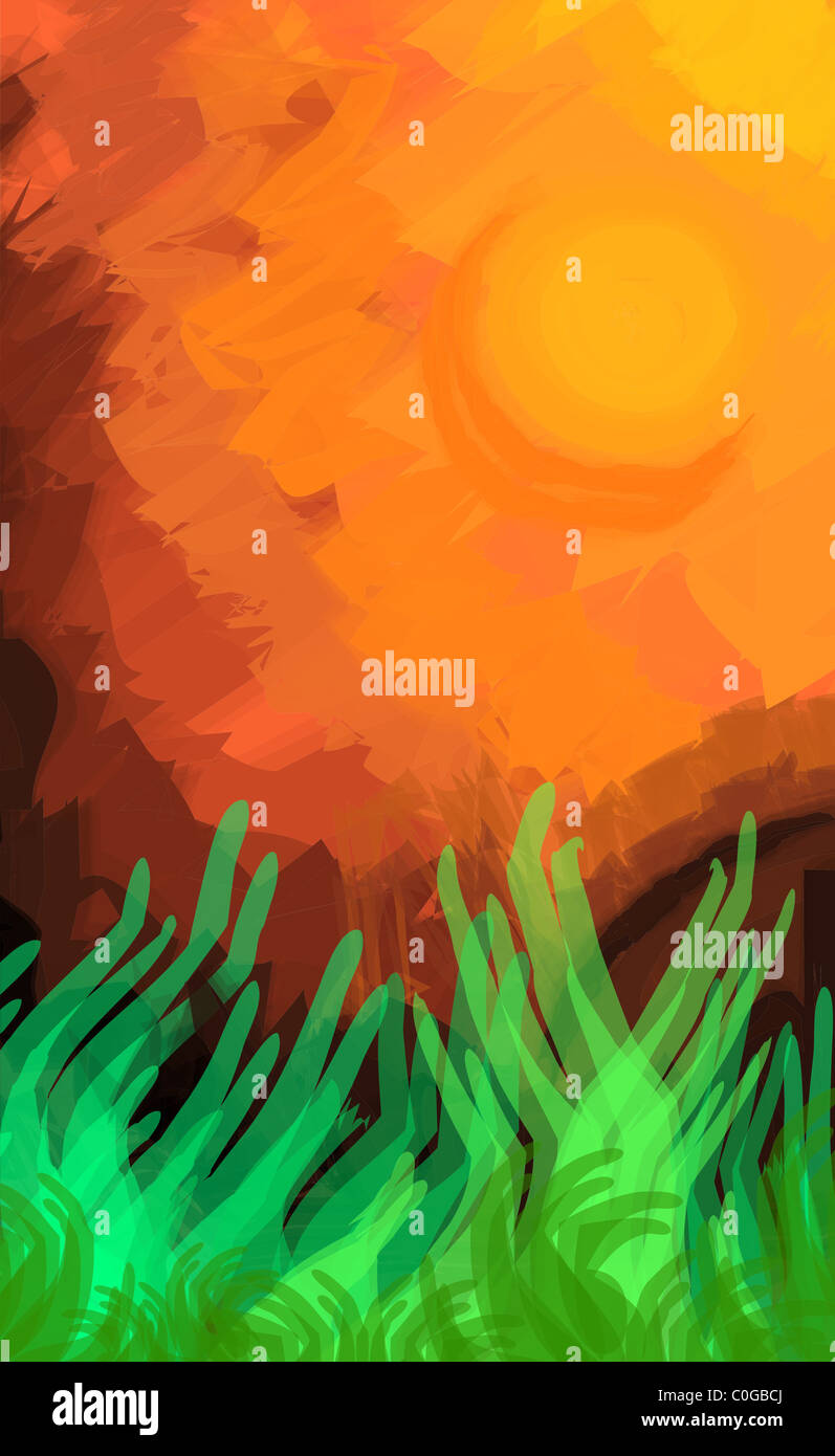 Digital painting of grass. The artist feels the beauty of grass which is being highlighted during the sunset. Stock Photo
