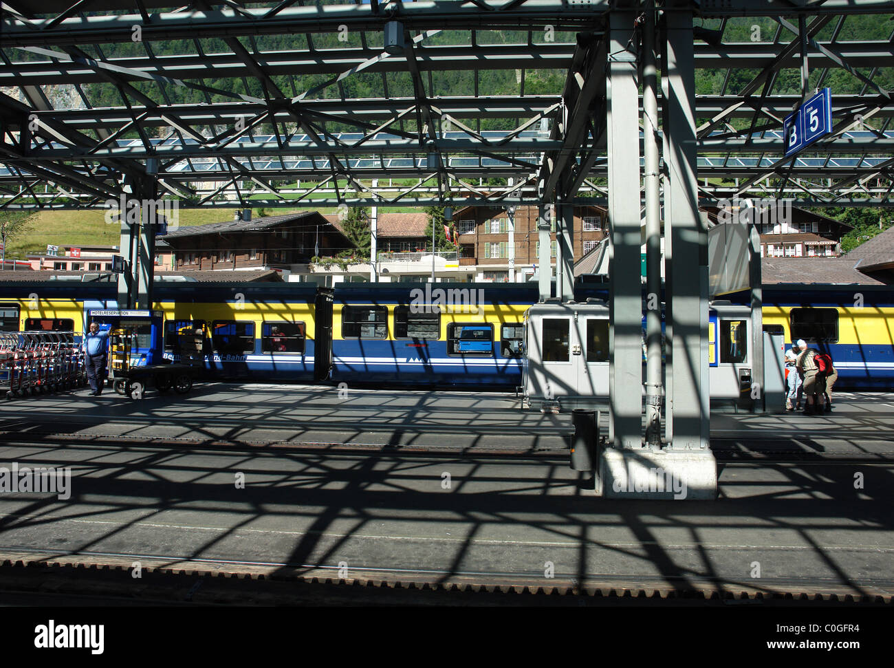 Section of the train station of Lauterbrunnen in Switzerland, with steel structure on top, interchange station for Jungfrau Stock Photo