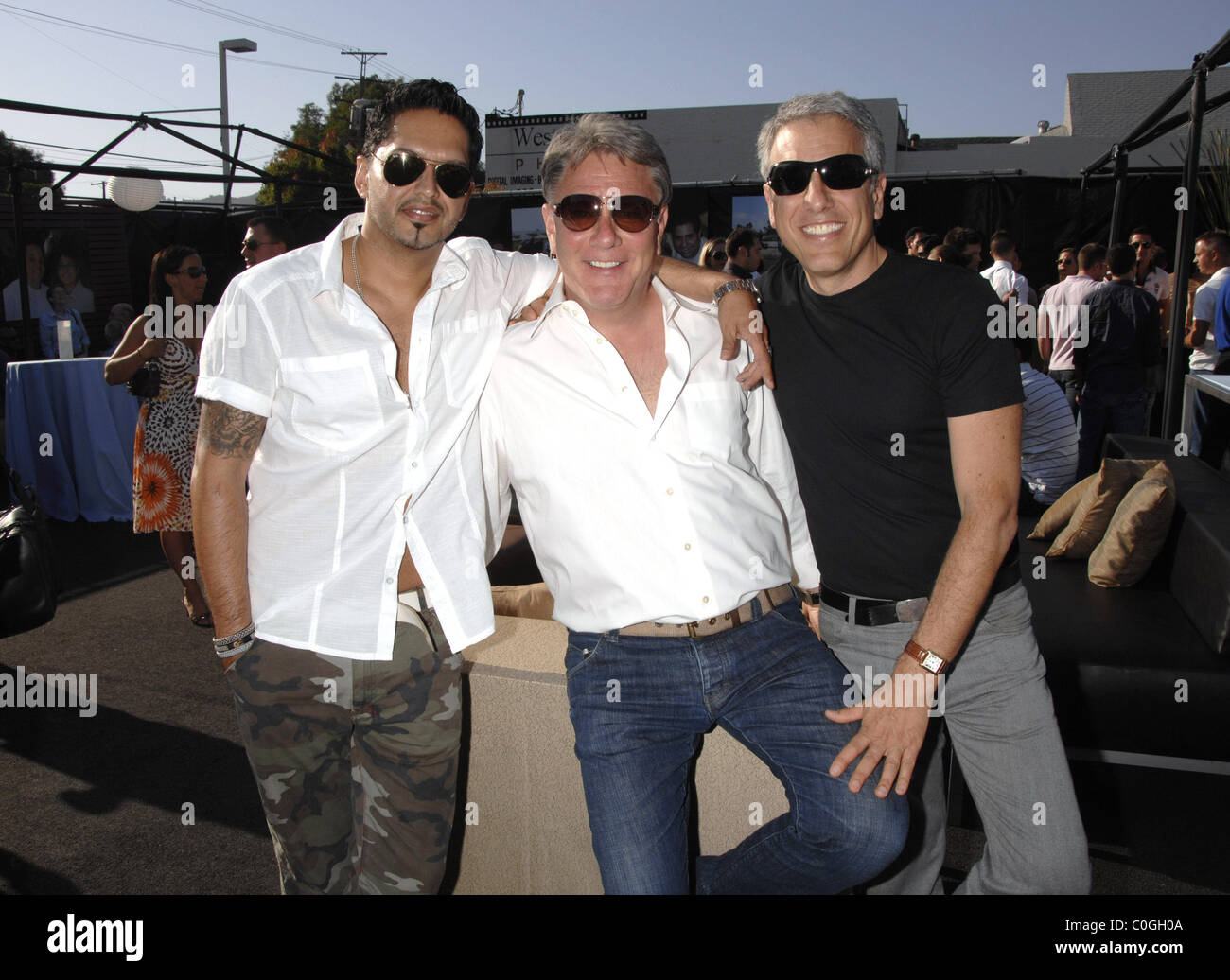 Peter Otera, Walter Hubert and Mark Saltzman at Life Out Loud 3 Celebrate Pride Empowering LGBTQ Youth at The Lot Los Angeles, Stock Photo