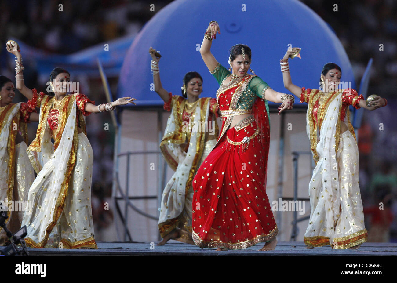 Indian film actress Sameera Reddy performs at the closing ceremony of the IPLT20 at D.Y.Patil stadium Rajasthan Royals won by 3 Stock Photo