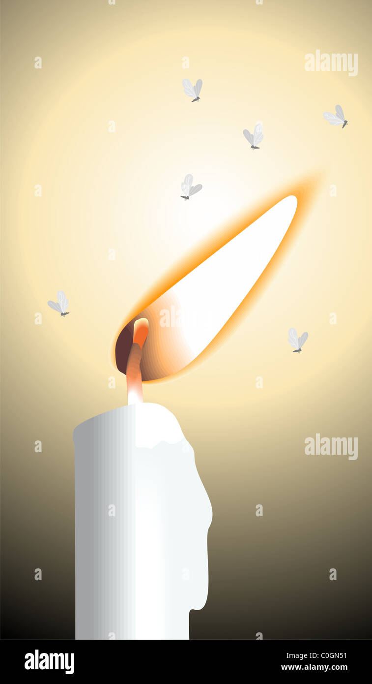 Digital painting of candle. The artist is experiencing the beauty of candle light and insects flying around it. Stock Photo