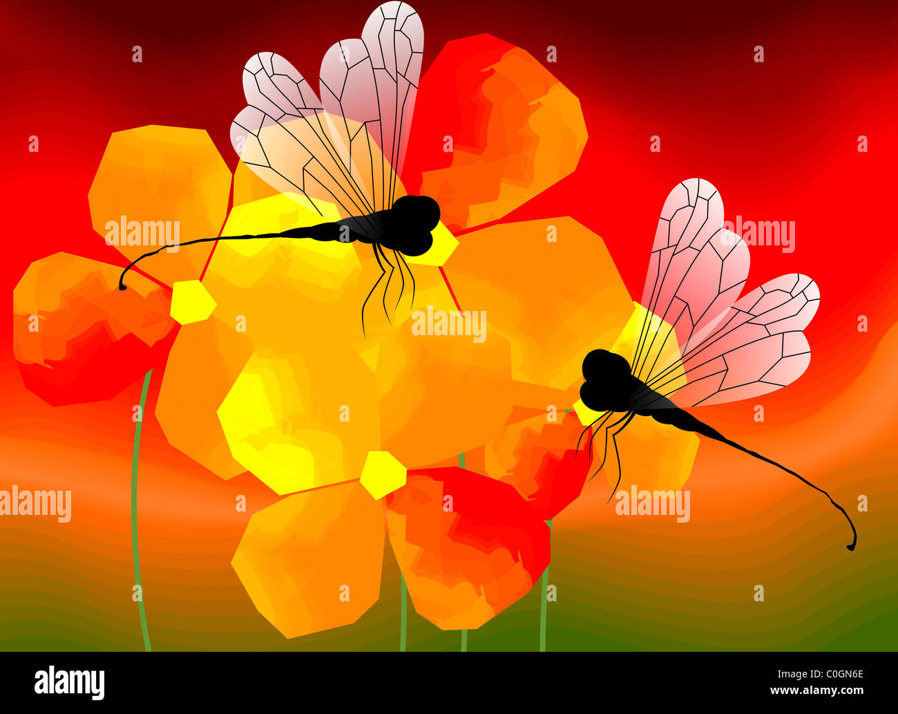 Digital painting of butterfly. The artist is experiencing the beauty of dragon flies sitting on the petals of flowers. Stock Photo