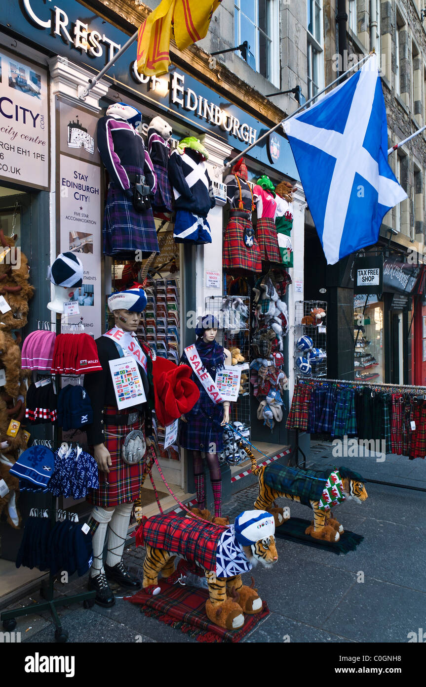 dh ROYAL MILE EDINBURGH Gift shop displaying tartan kilts and rugby shirts scottish flags