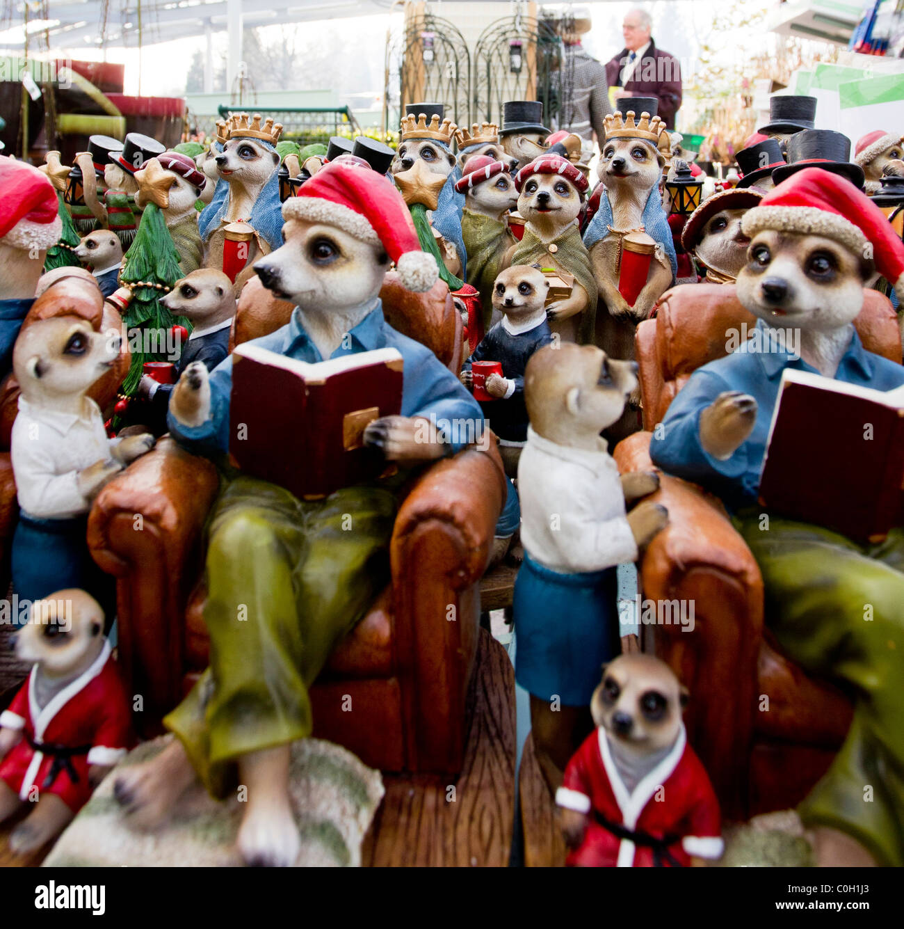 Christmas meerkat garden ornaments at Hayes Garden Centre Stock Photo