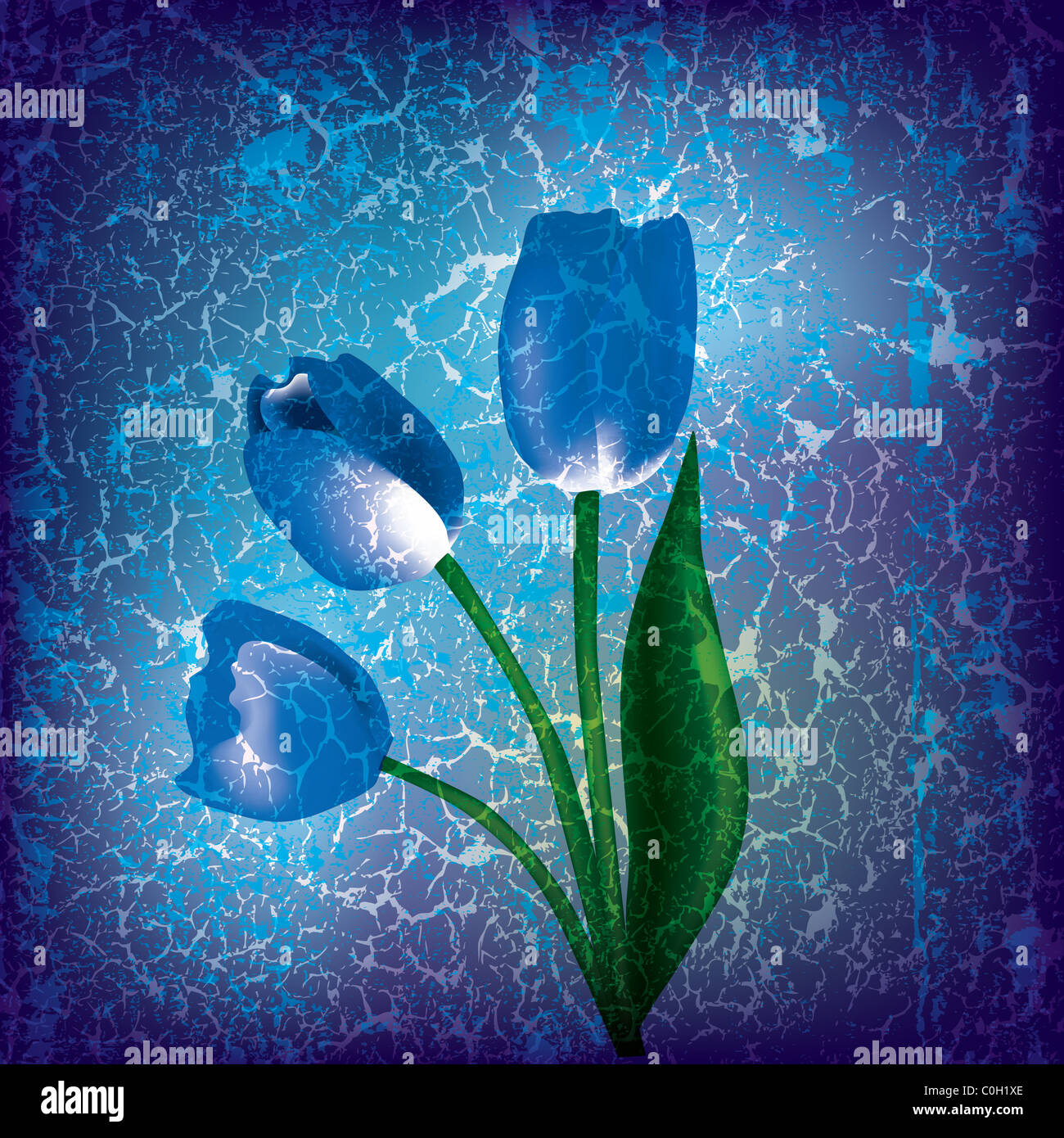abstract grunge illustration with blue tulips on cracked background