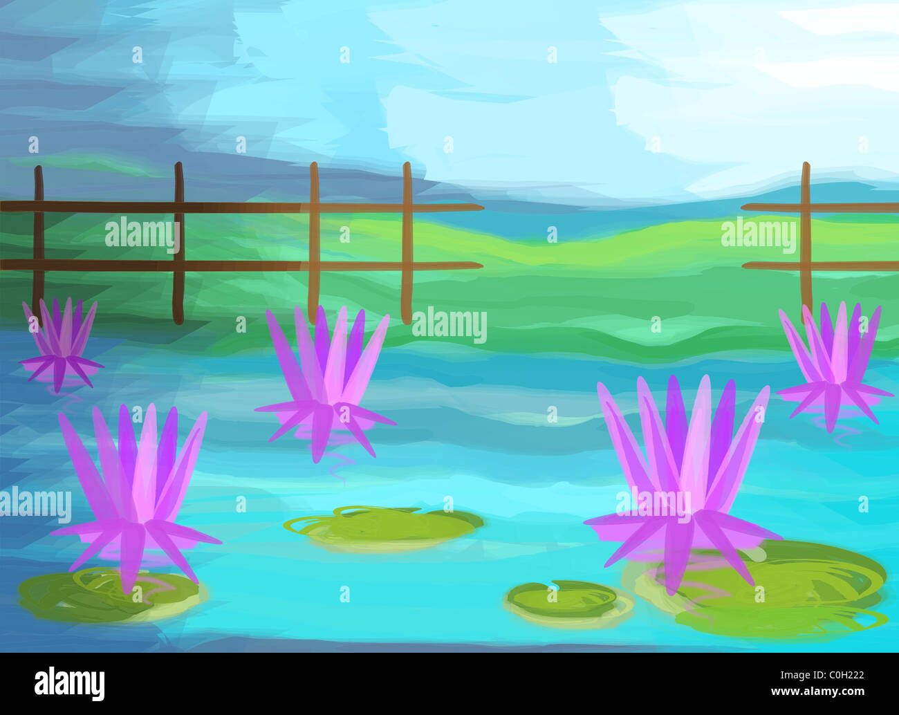 Digital painting of lotus. The artist is enjoying the beauty of lotus flowers in the pond and the surrounding atmosphere. Stock Photo