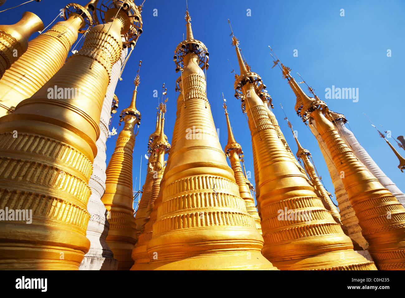 Golden stupas, Shwe Inn Thein Paya, Inthein, Inle Lake, Myanmar Stock Photo