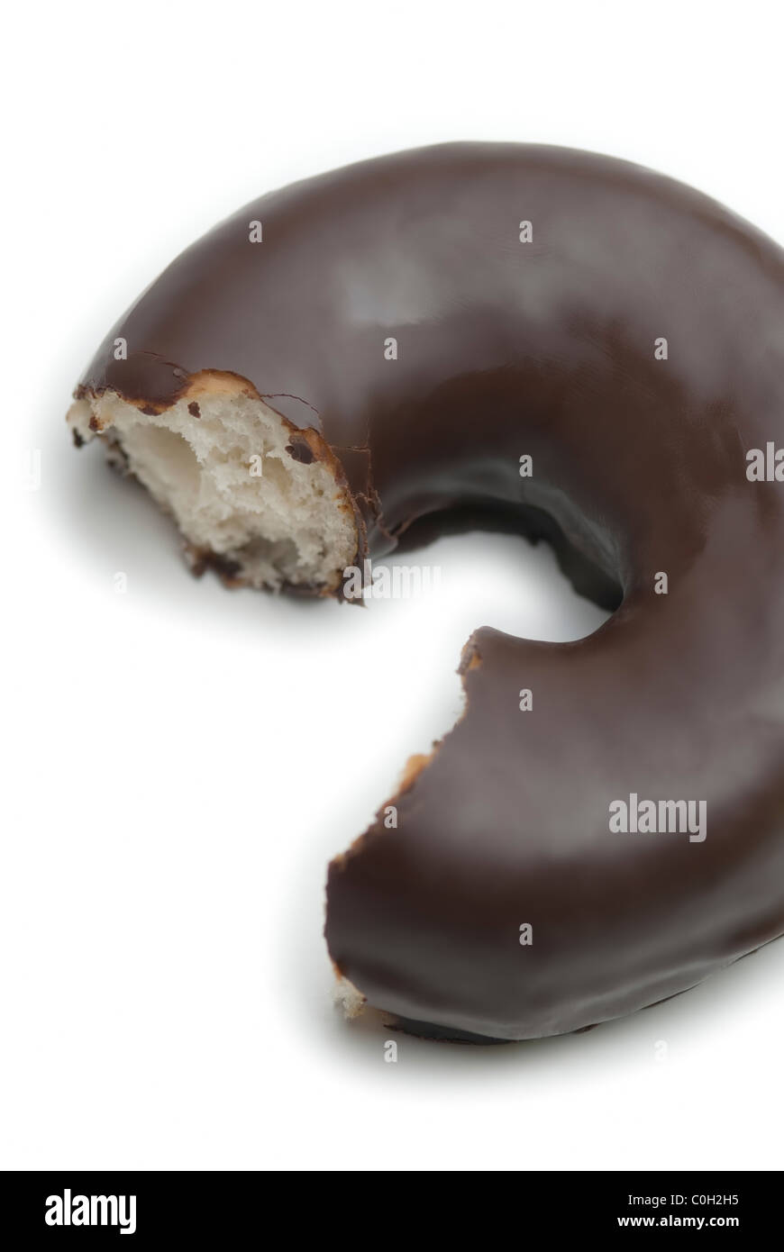 Bitten Ring Chocolate Donut on white background Stock Photo