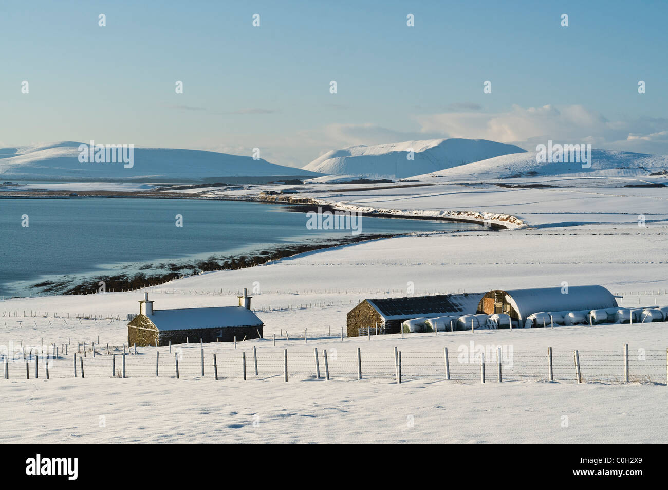 dh Swanbister Bay ORPHIR ORKNEY Snowy fields Orkney farm snow landscape scottish scotland rural field blue sky winter scenes uk Stock Photo