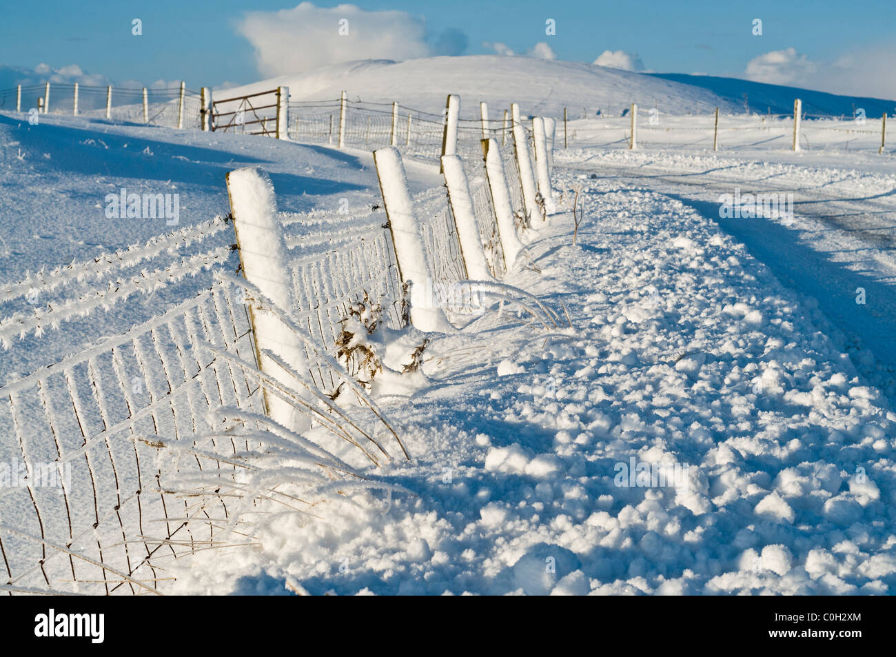 dh  ORPHIR ORKNEY Snow field fence roadside icy roads scottish wintertime road scotland scene Stock Photo
