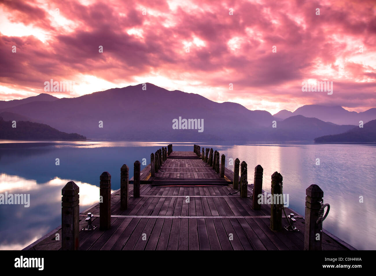 Beautiful morning at spring before sunrise and pier view Stock Photo