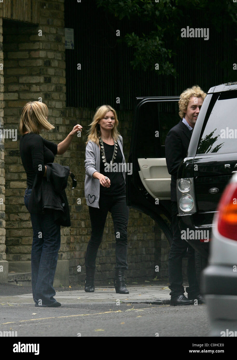 Davinia Taylor, Kate Moss and her hairdresser, James Brown, leaving the ...