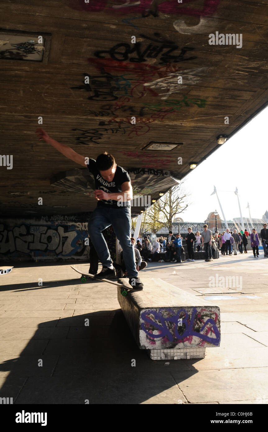 skateboarding by South bank, river Thames, London Stock Photo