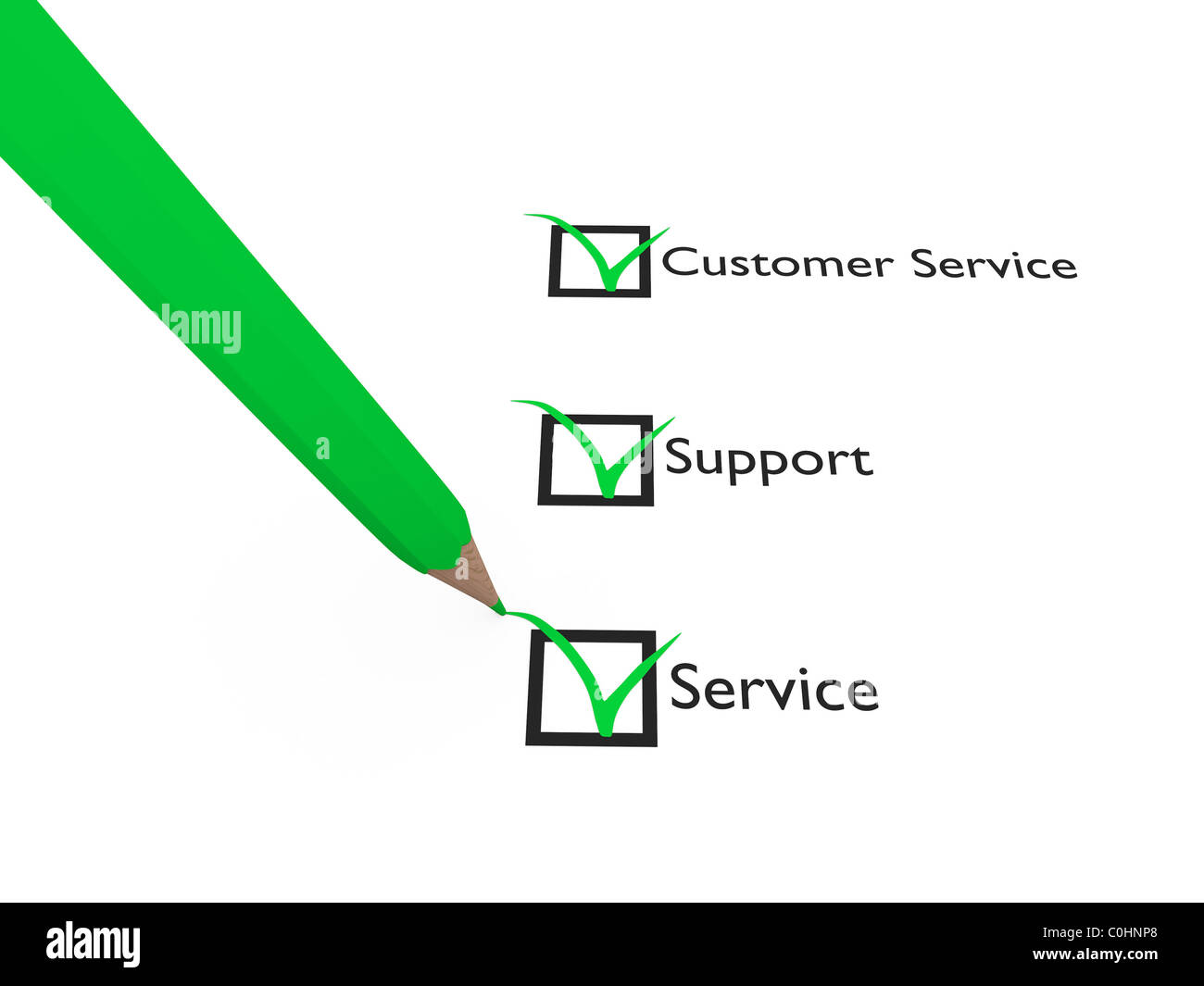 Green pen checks some questions about Service, Support and Customer Service Stock Photo