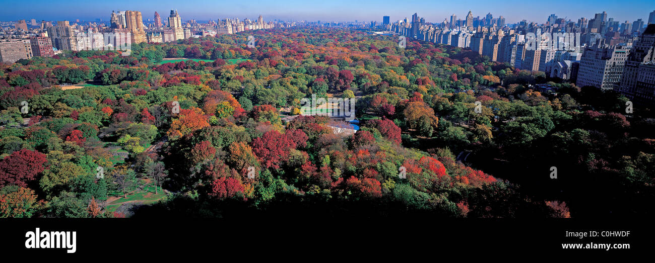 Panoramic aerial view of Central Park in Autumn with Fifth Avenue and ...