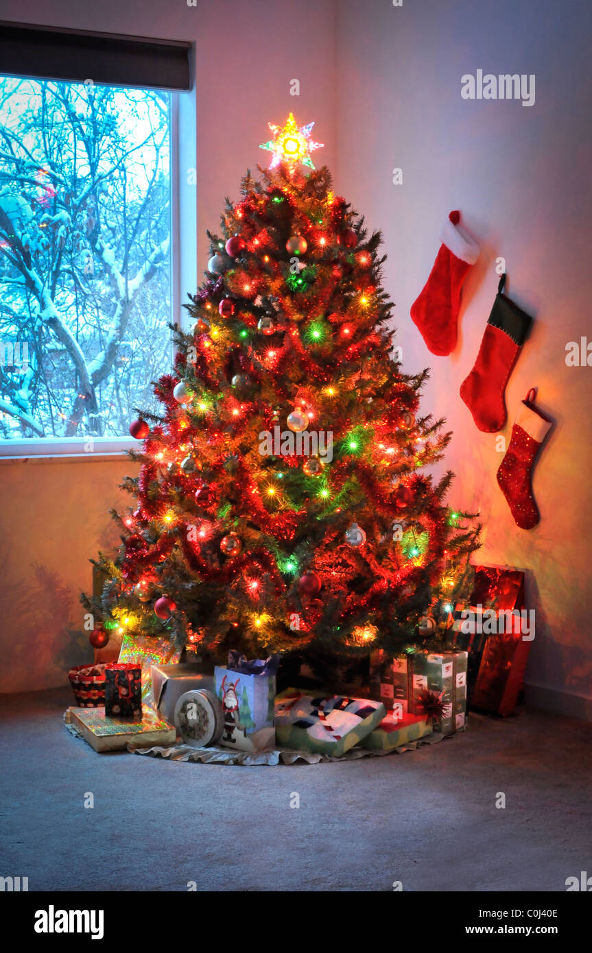 Christmas tree with lights Stock Photo - Alamy