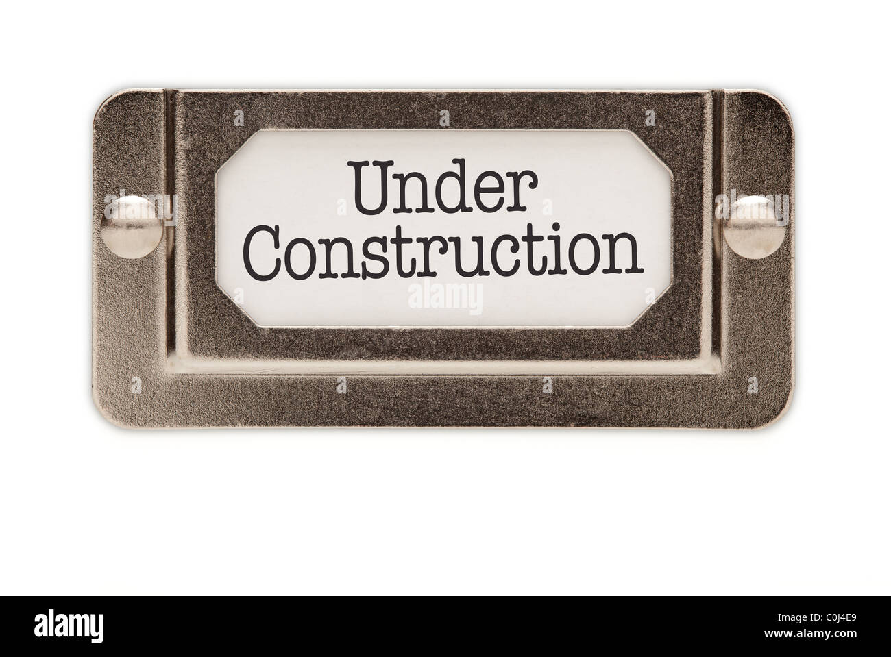Under Construction File Drawer Label Isolated on a White Background. Stock Photo