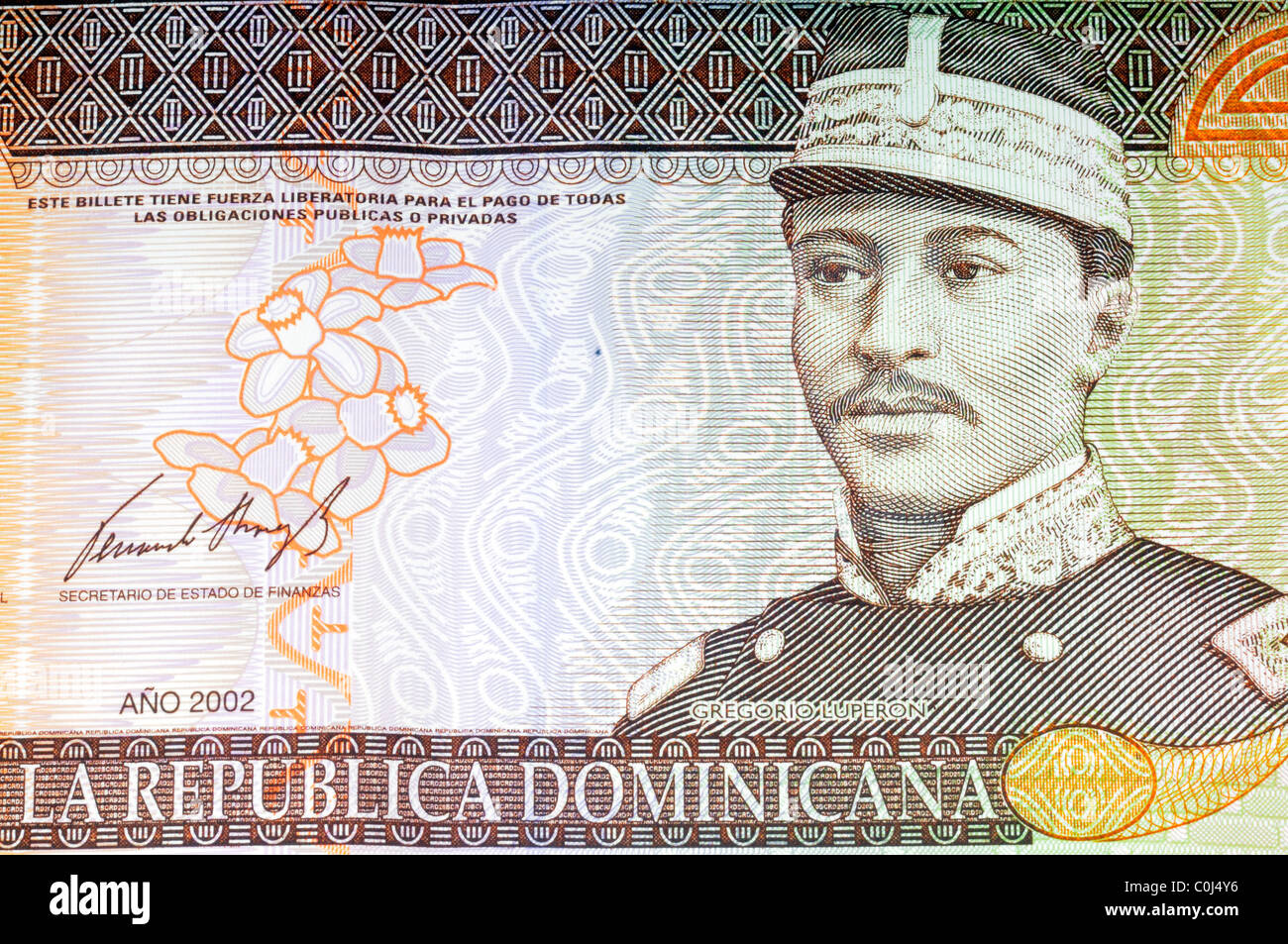 Twenty Peso Note Of The Dominican Republic Close Up With The Portrait Of Gregorio Luperón Stock Photo