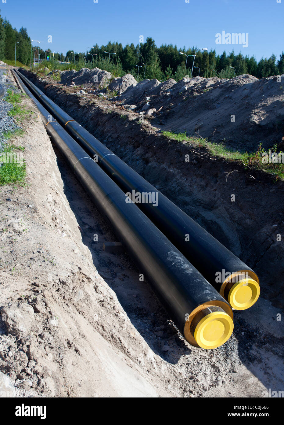 Underground district heating pipeline under construction , Finland Stock Photo