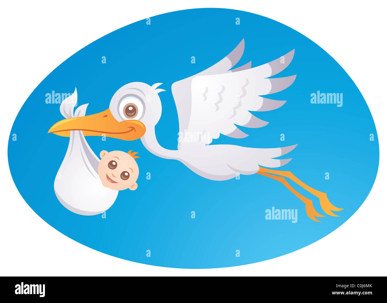 Vector cartoon illustration of a stork delivering a cute little newborn baby. Stock Photo