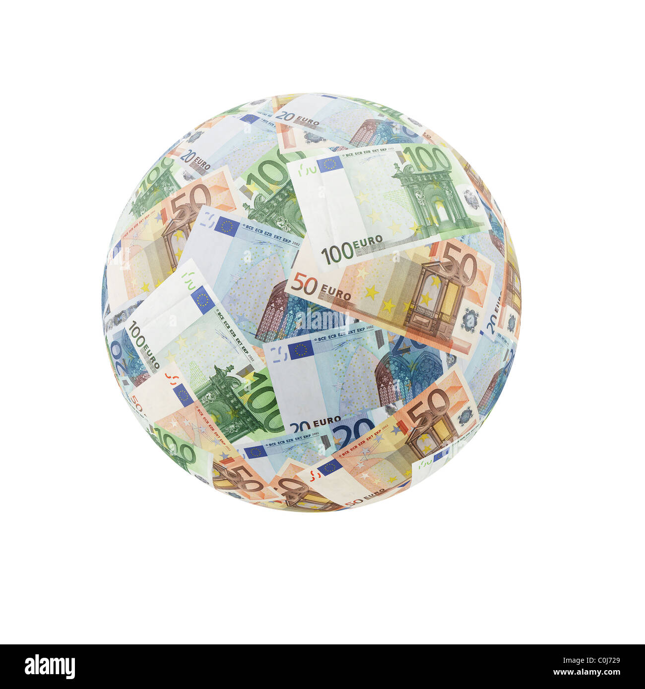 Globe formed of twenty, fifty and one hundred euro bills over white background with euro symbol shadow Stock Photo