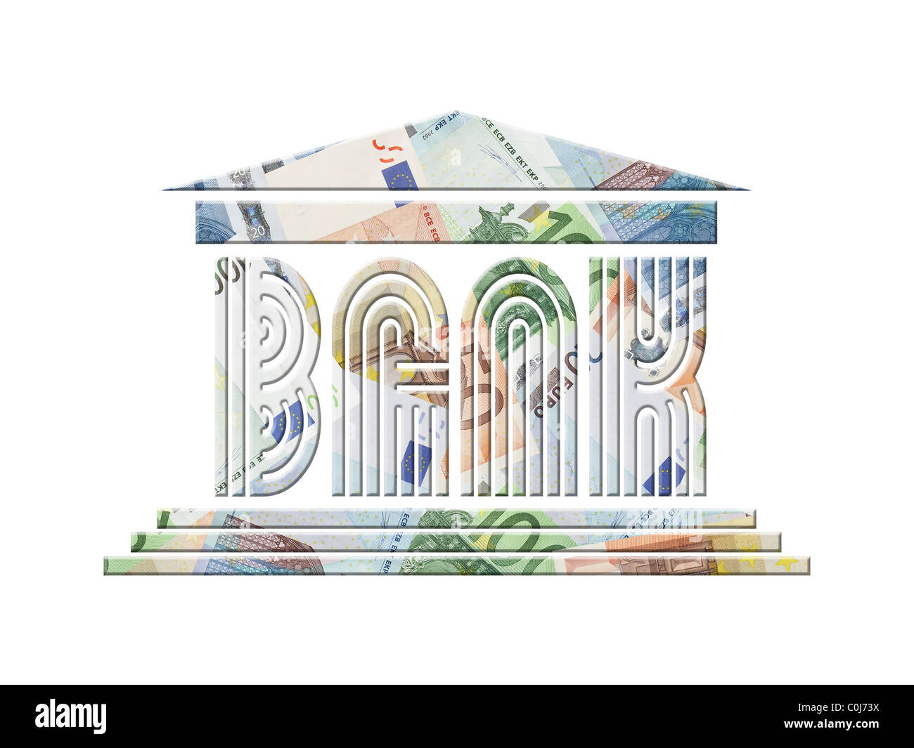 Bank icon with superimposed background of twenty, fifty and one hundred euro banknotes Stock Photo