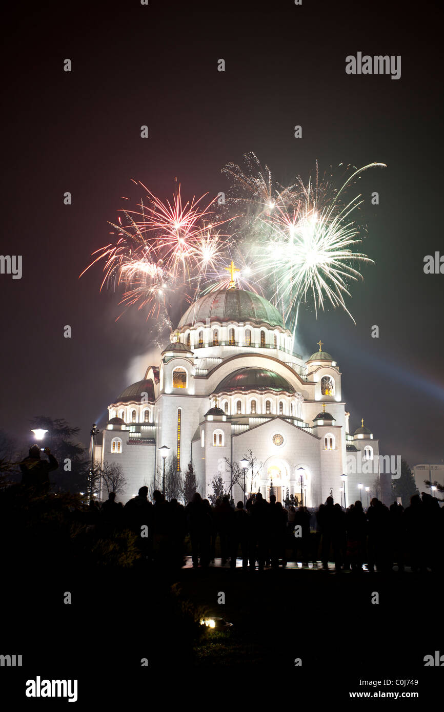 St Sava Temple in Belgrade, fireworks at Serbian New Year's Eve Stock