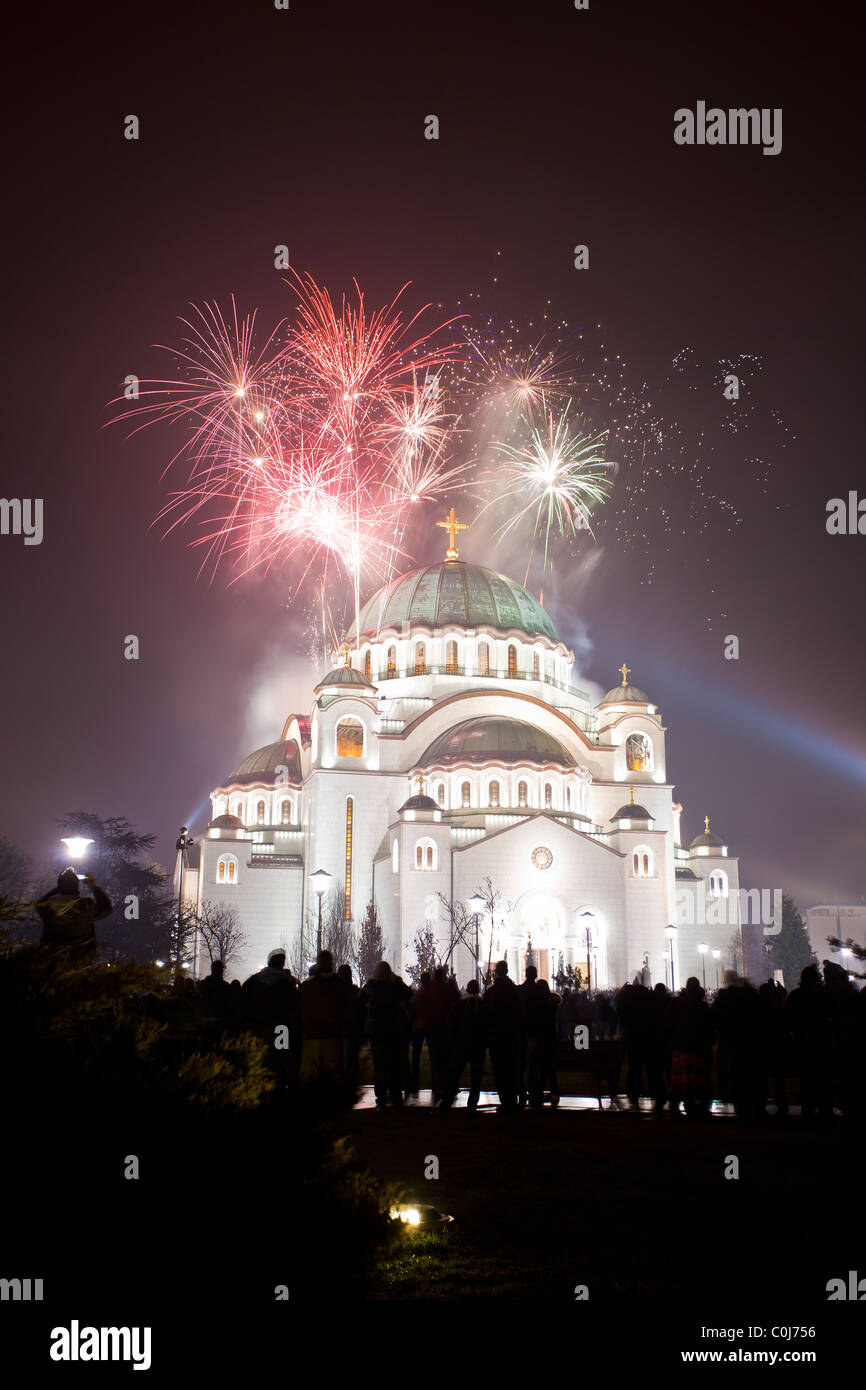 St Sava Temple in Belgrade, fireworks at Serbian New Year's Eve Stock