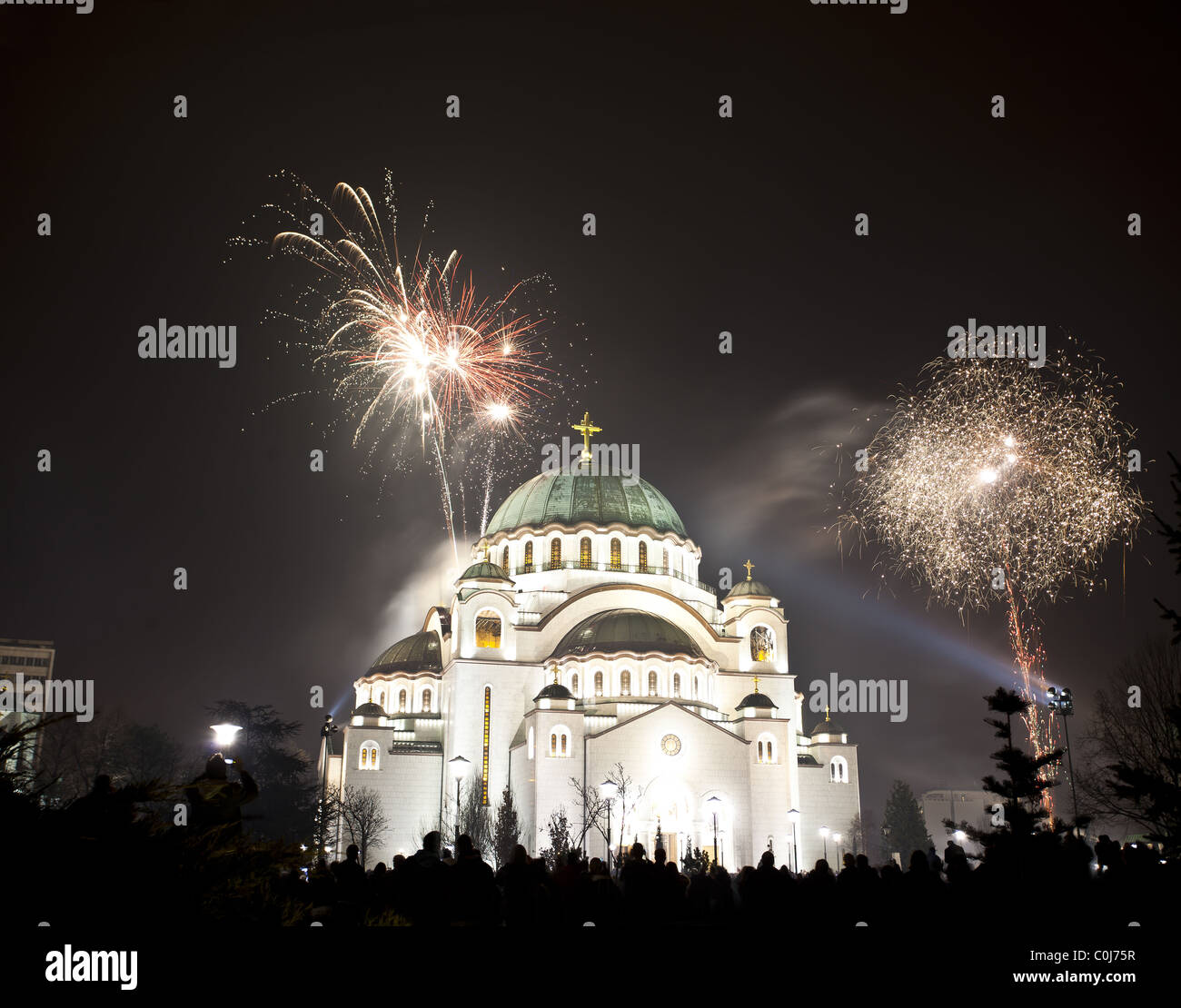 St Sava Temple in Belgrade, fireworks at Serbian New Year's Eve Stock