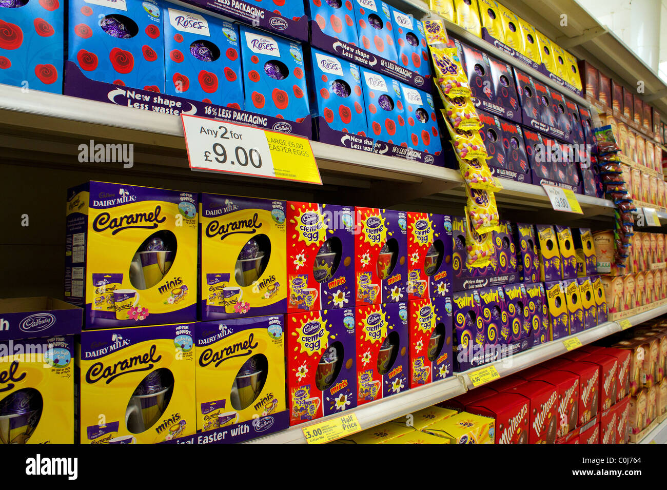 Easter eggs on sale in a uk supermarket 