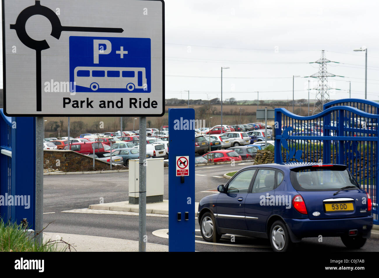 A car enters the park and ride compound at Truro in Cornwall, UK Stock