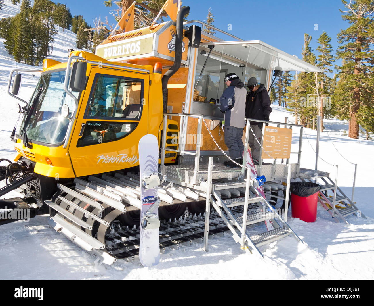 Mammoth Mountain ski resort's burrito snow cat which serves snacks to skiers on mountain. Stock Photo