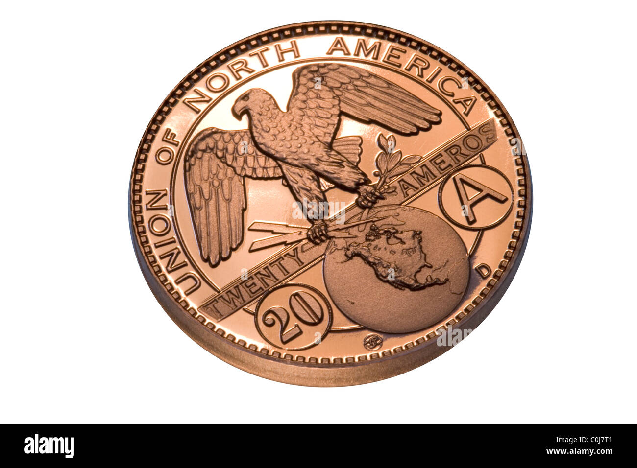A fantasy 20 Amero coin. Some have speculated that America, Mexico, and Canada will merge into The North American Union. Stock Photo