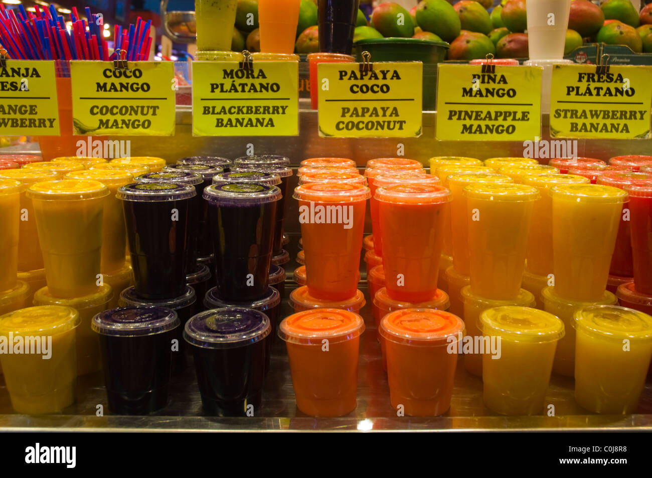 Freshly pressed juice drinks at La Boqueria market hall central