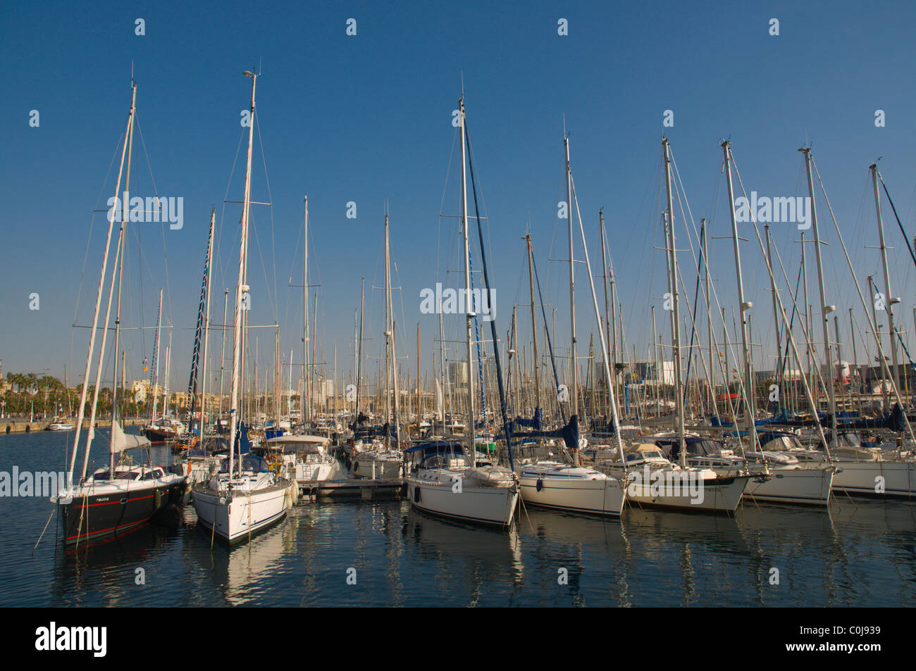 Sailing boats at Port Vell harbour central Barcelona Catalunya Spain Europe Stock Photo