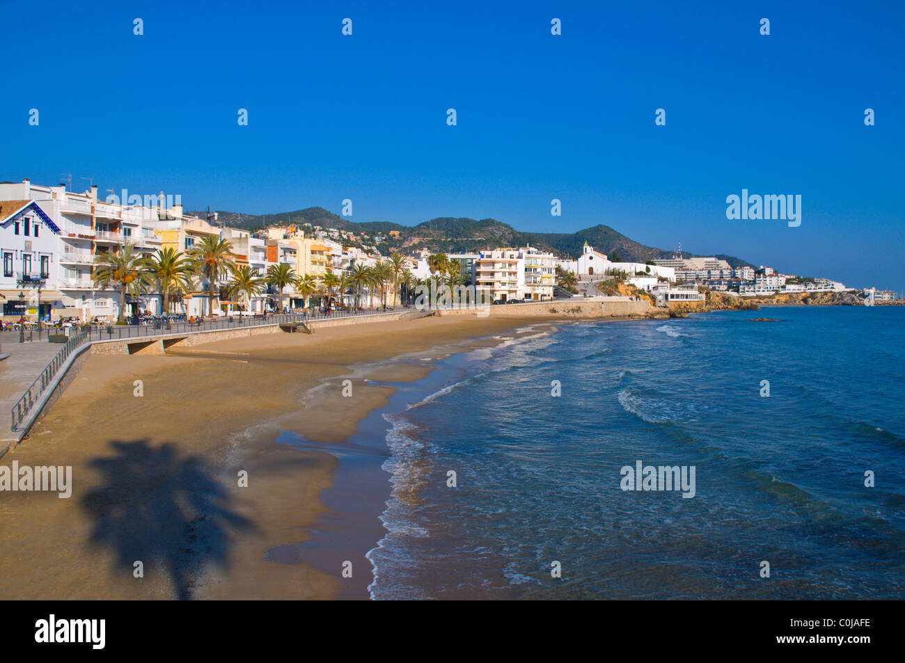 Beach at northern side of the La Punta church Sitges Catalunya Spain Europe Stock Photo