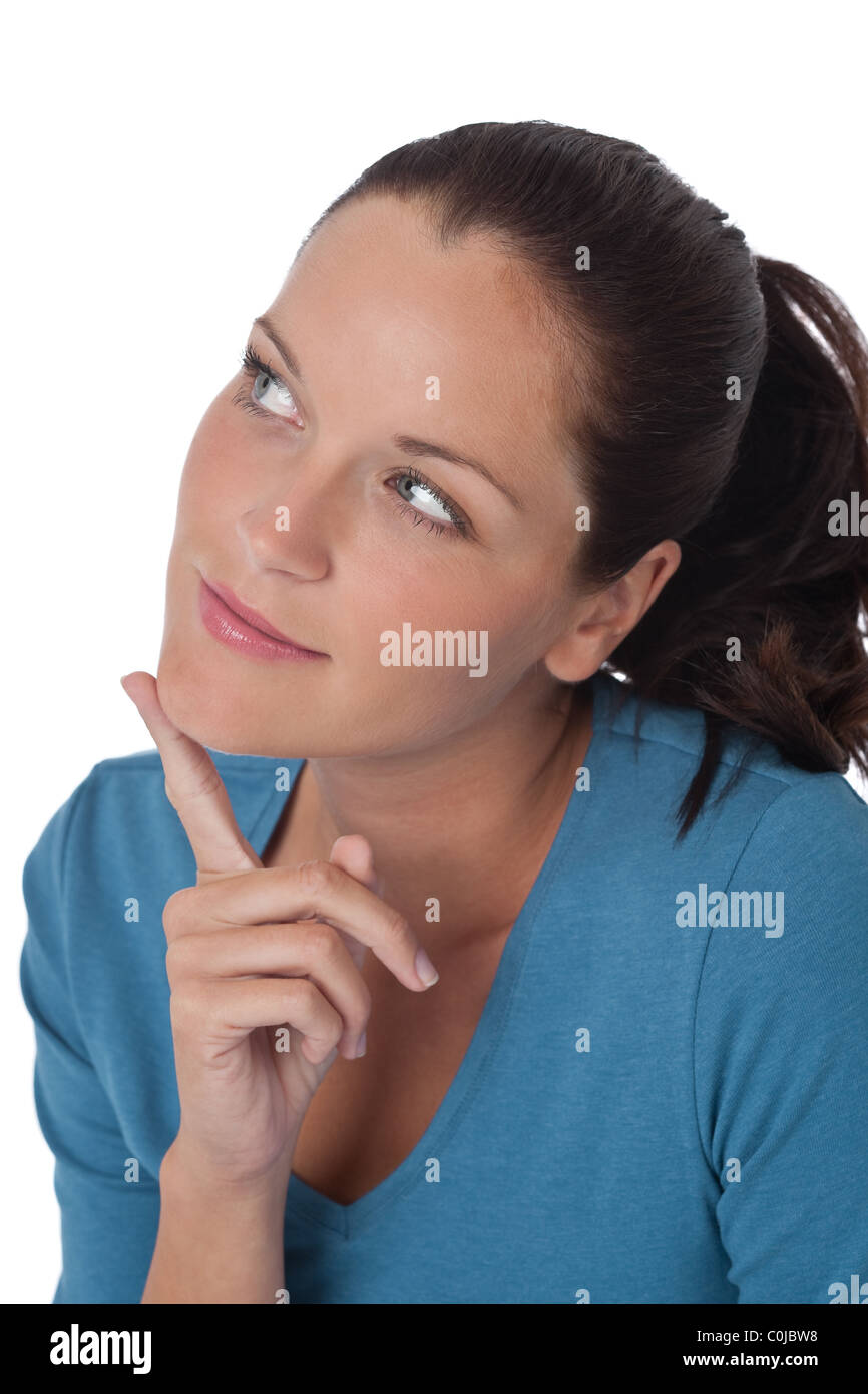 Beautiful woman thinking on white background Stock Photo - Alamy