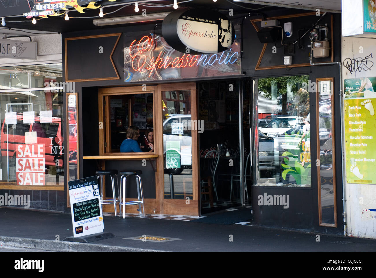 Espresso Holic coffee shop, Cuba Street (Center of cafe culture),  Wellington, New Zealand Stock Photo