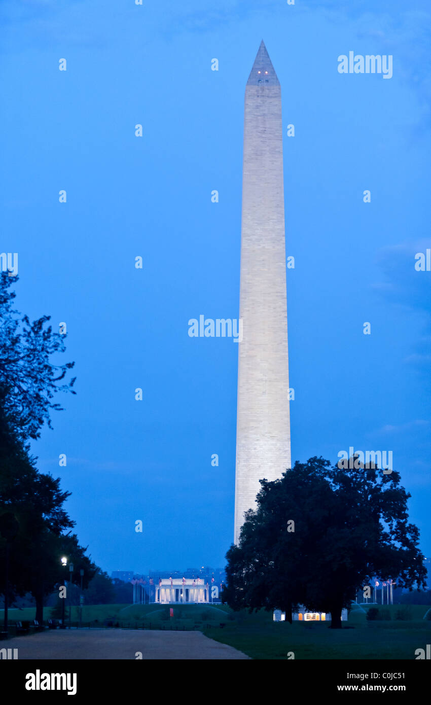 Early morning view of the Washington Monument and the Lincoln Monument. Stock Photo
