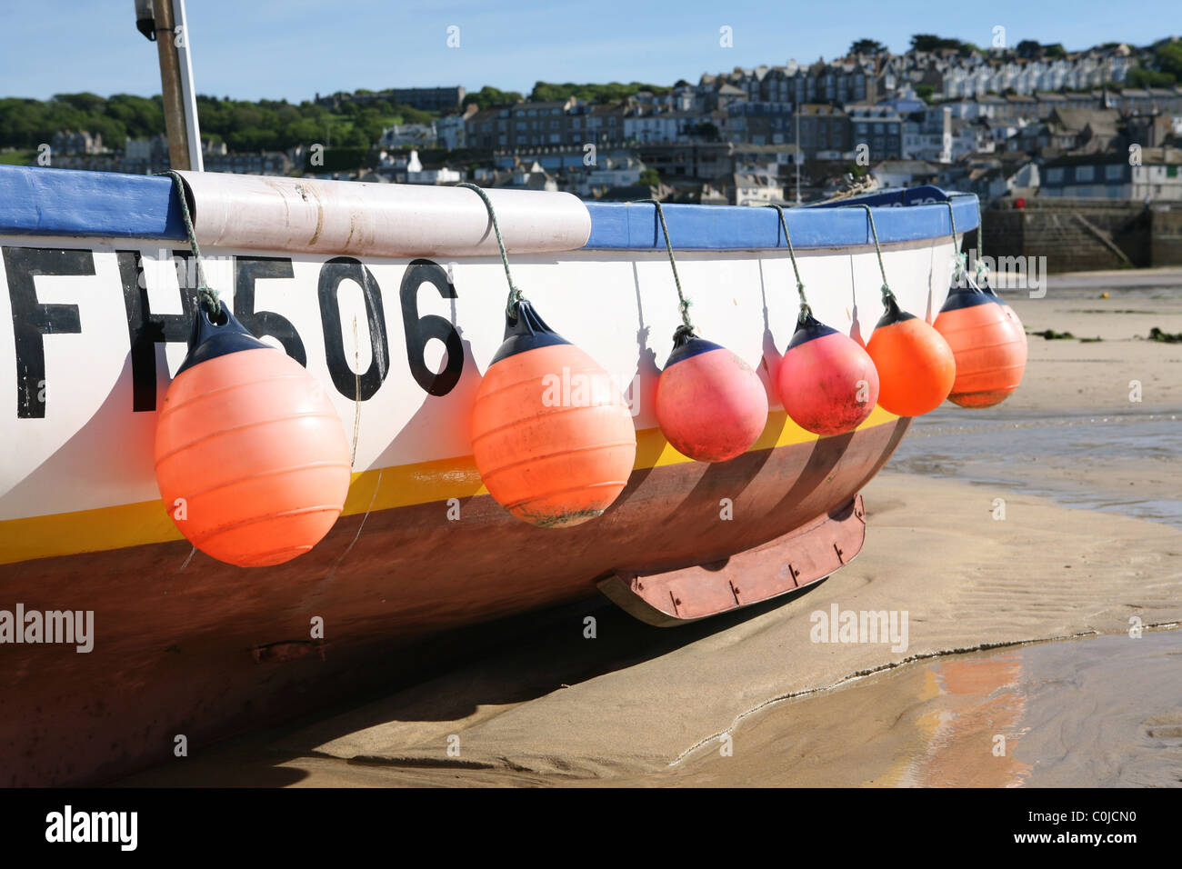 The harbour boats and beach at St Ives St Ives head Cornwall Stock Photo