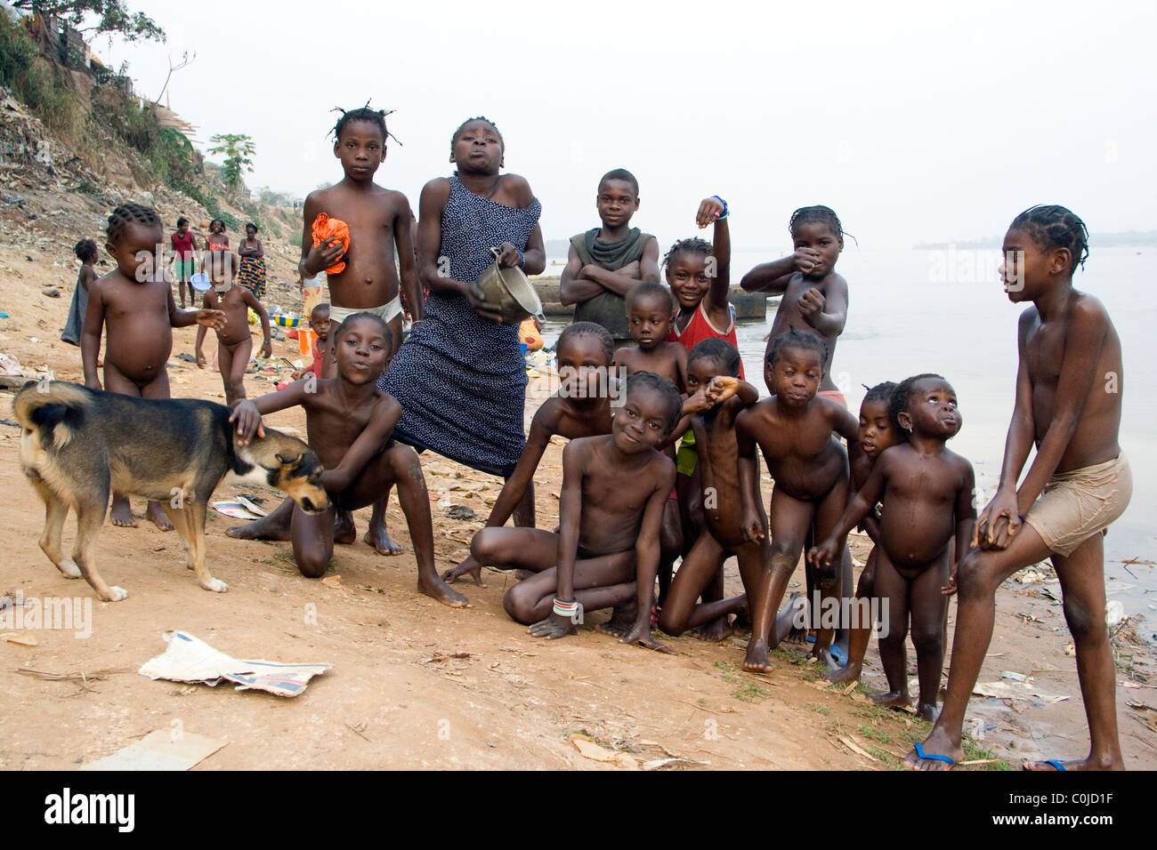 A group of young people near the Ubangi River,Betou, republic of the Congo Stock Photo