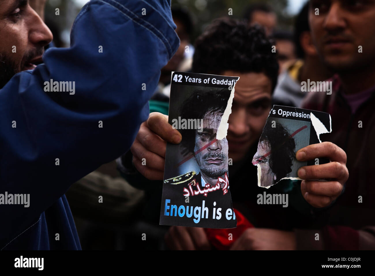 A Libyan anti-Gaddafi delivers a message during a protest Stock Photo