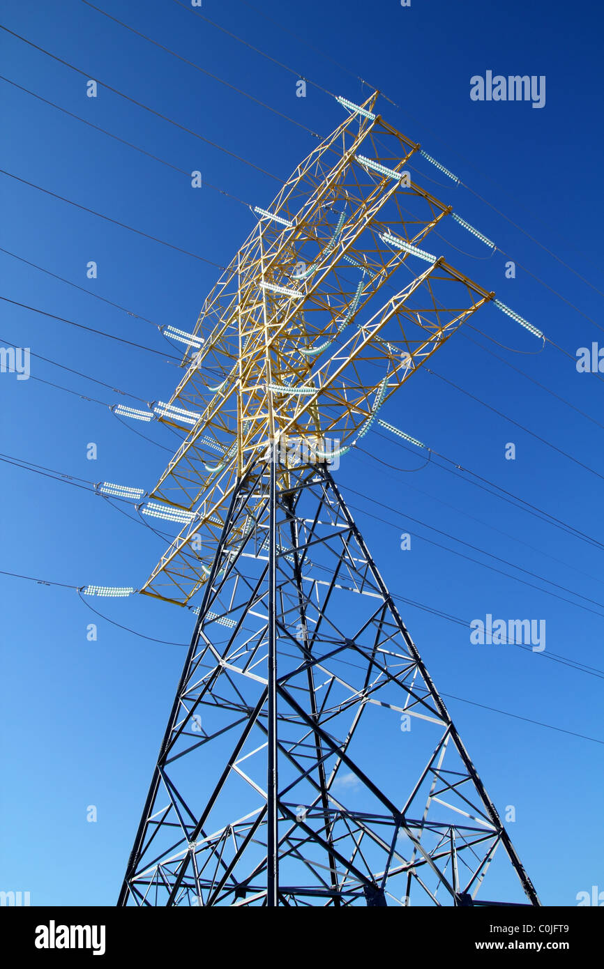 electric high tower structure on blue sky Stock Photo - Alamy