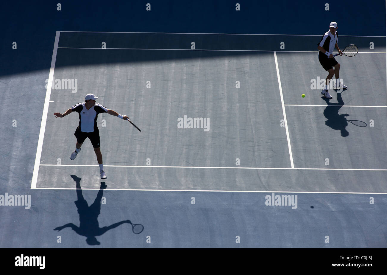 Tennis twins Bob (left) and Mike Bryan of the USA in action at the ...