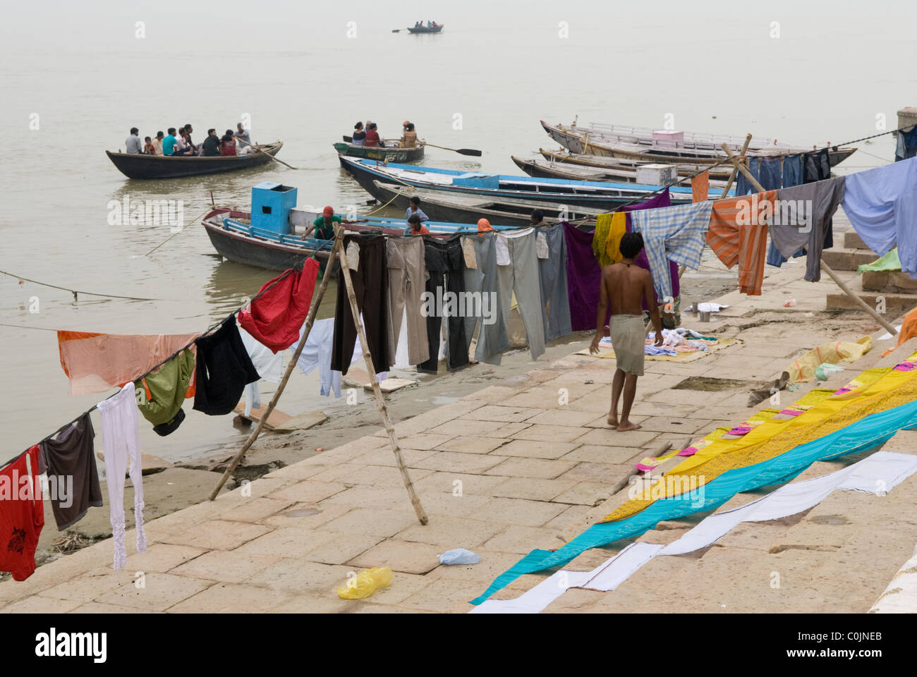 Laundry area at Dasaswamedh Ghat, River Ganges, Varanasi, India. Stock Photo
