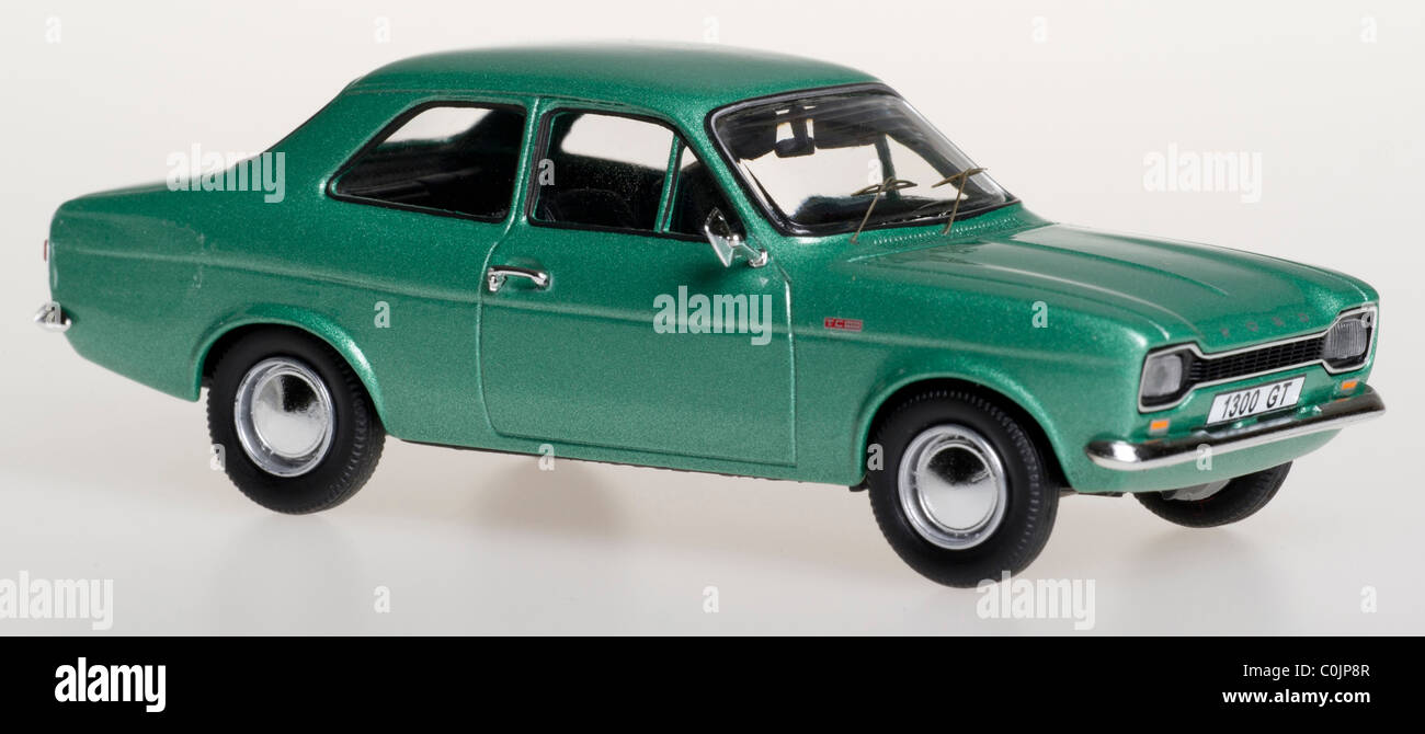 Trofeu Ford Escort Mk 1 1300GT 1:43 scale Die Cast Model Car Green - Front Right 3/4 view. Stock Photo