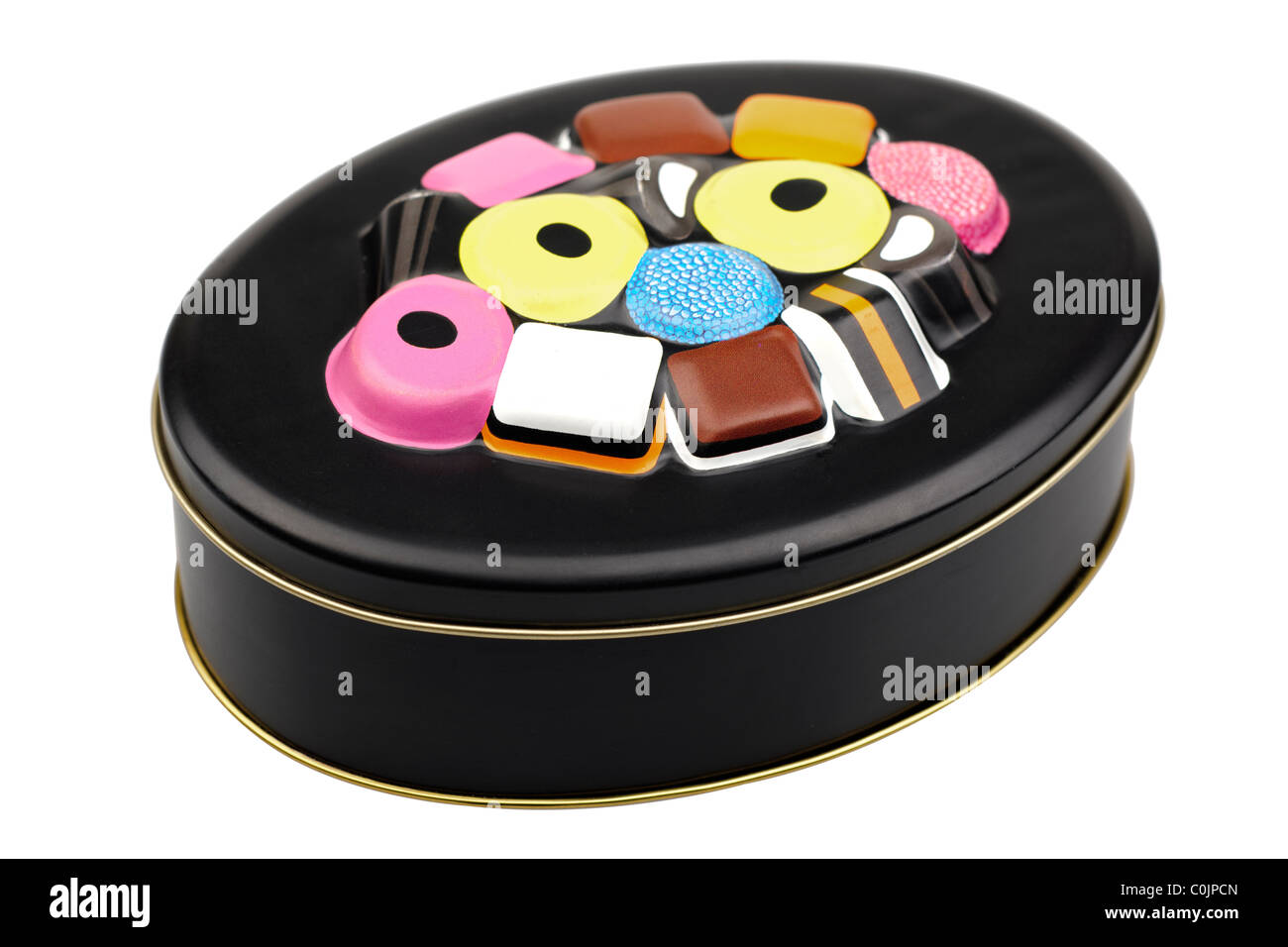 Old vintage Marks and Spencer liquorice allsorts black tin. EDITORIAL ONLY Stock Photo