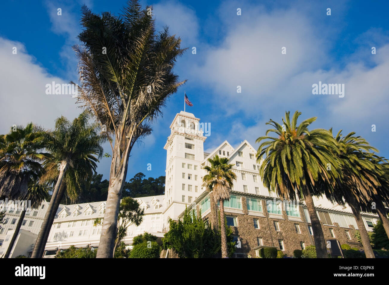 Claremont Hotel and Resort, Historic Hotel at dusk with Palm Trees, Berkeley, California USA Stock Photo