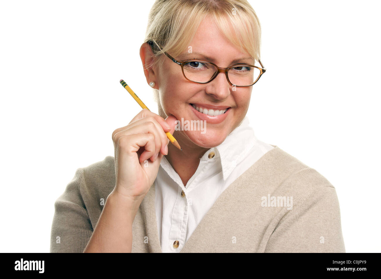 Beautiful Woman with Pencil Isolated on a White Background Stock Photo ...